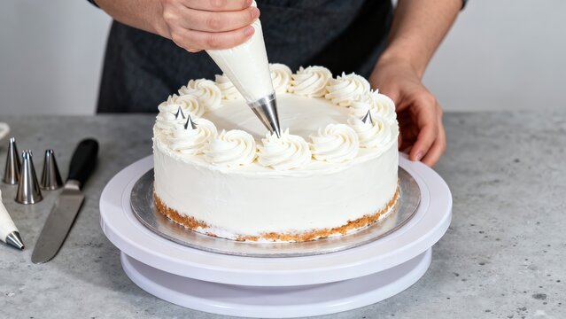 Hands piping buttercream rosettes onto cake with pastry bag, decorating process on turntable, bright studio lighting