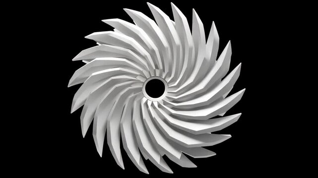 Abstract circular turbine blade rotating in studio lighting with clean background for technology concept