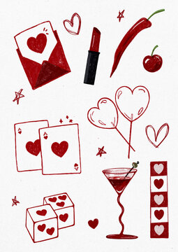 Hand Drawn Red Valentine&rsquo;s Day Love Doodle Collection on White Background