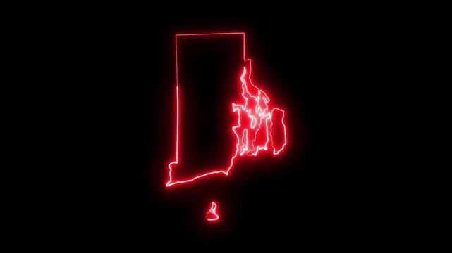 Rhode island state map outline with glowing red neon light effect on black background