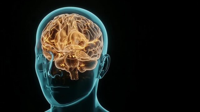 Futuristic medical video footage of a glowing human brain and neural pathways inside a transparent head profile against a black background.