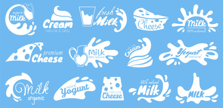 Milk splash vector design with creamy dairy label and cow icon. Fresh liquid drop shape for yogurt logo or farm product badge. Organic white wave swirl graphic element on blue isolated background.