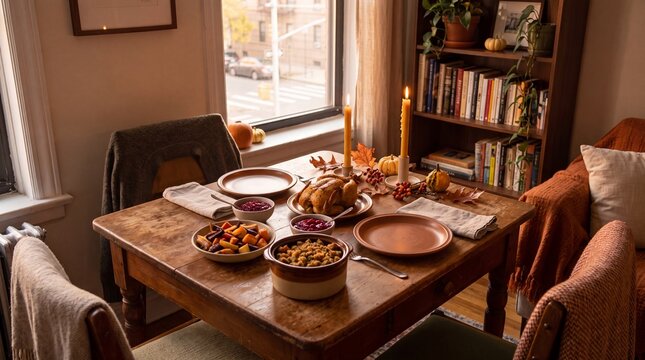 Intimate Thanksgiving dinner for two set on small apartment table