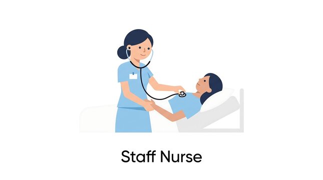 Female staff nurse using stethoscope to examine patient lying in hospital bed vector illustration