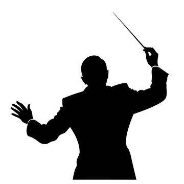 Music conductor silhouette, orchestra director with baton, classical symphony leader performing on stage, black and white vector illustration