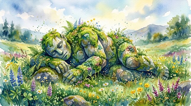 Stone golem covered in moss and plants sleeping peacefully in a vibrant wildflower meadow landscape