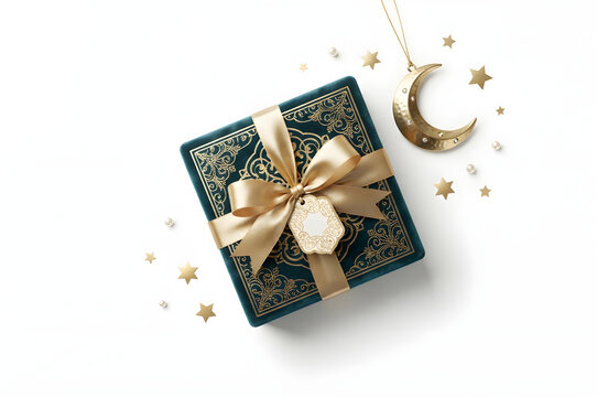 Minimalist Eid Gift Box and Moon Ornament Commercial Stock Illustration