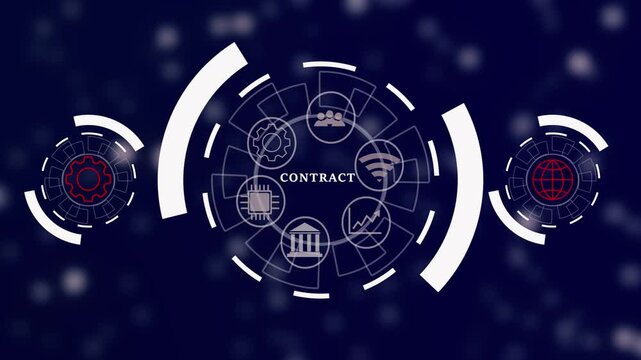 Contract of  business including handshake globe target and bank within hexagonal frames on a dark grid background