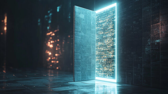 Glowing sci-fi digital portal gateway with matrix data streams