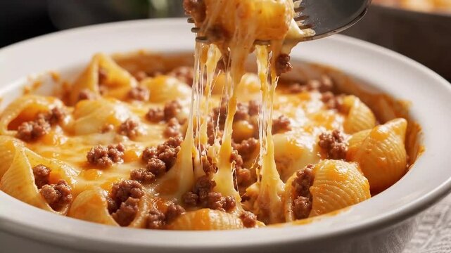 Spoon Lifting Baked Cheesy Pasta Shells with Stretchy Melted Cheese Pull