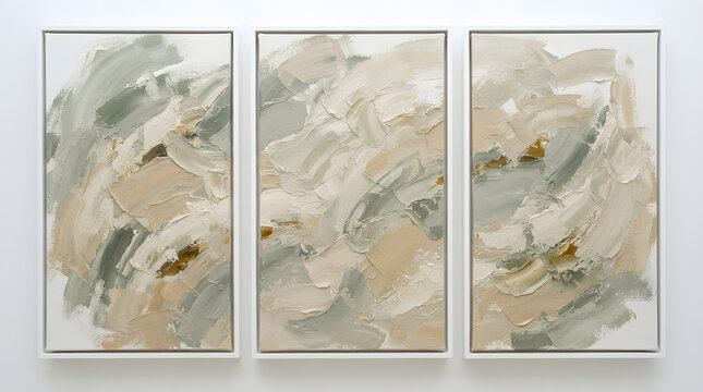 Modern minimalist abstract triptych canvas wall art with sage green and beige impasto painting