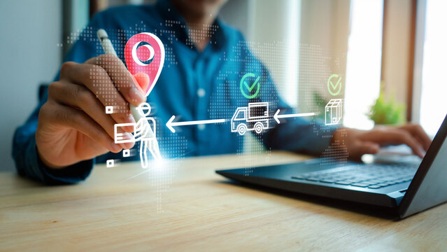 logistics, Business professional managing global shipment tracking with digital map, location pin, delivery truck and parcel icons, representing logistics, courier service and last mile delivery.