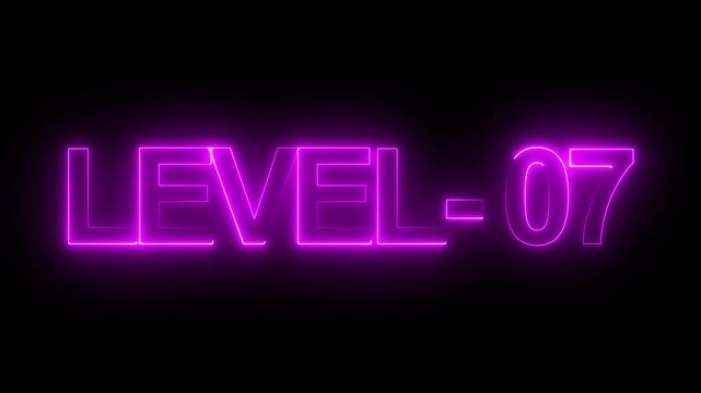 Glowing white neon text reading level -7 isolated on a black background for gaming interface and progress tracking screen with black backround