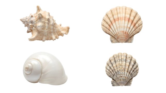 Seashell collection with scallop shells, spiral conch, and smooth white murex shell isolated on white background