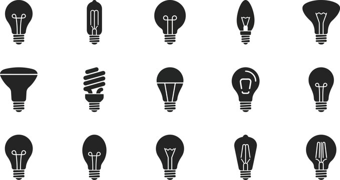 Collection of various black silhouette light bulbs against a clean white background