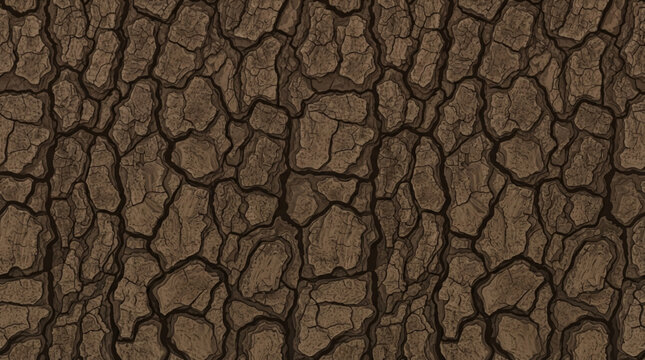 Rugged Scaled Tree Bark Pattern Vector, Detailed Seamless Horizontal Texture of Dark Brown Rough Wood Bark