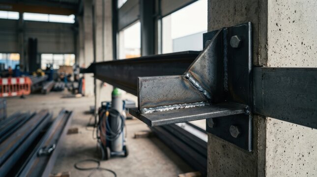 Welded metal support bracket and angle iron fixed to concrete pillar. Structural engineering and industrial construction concept