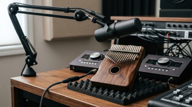 Thumb piano wooden board with metal tines in a recording studio. Audio equipment and music production
