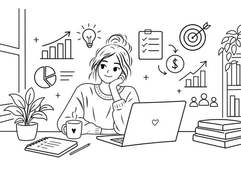 Young woman working on laptop at desk with business icons. Black and white outline line art vector, coloring page.