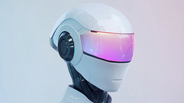 Close-up of a futuristic white robotic head with glowing neon visor
