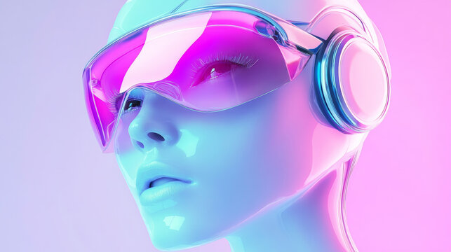 3D portrait of a futuristic female android with glowing neon visor