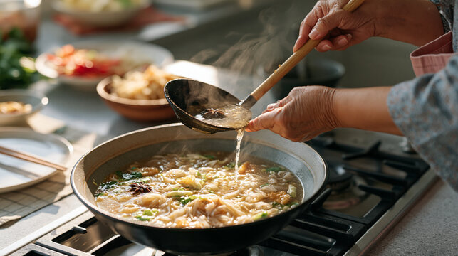 National pho day december a Vietnamese grandmother carefully ladling rich aromatic broth over noodles in a deep bowl at a steaming kitchen stovetop traditional family recipe