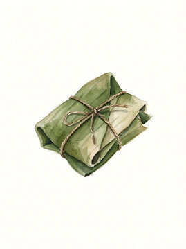 Traditional Asian Food Wrapped in Banana Leaf Tied with Twine Isolated on White Background for Culinary Design