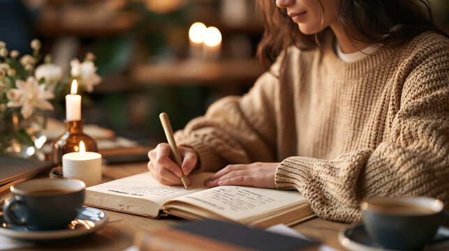 A Dutch twenty something journalist underlining synonyms in a worn thesaurus at a candlelit coffee shop desk on national thesaurus day, writer caf&eacute; scene, creative professional,