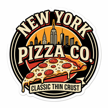 A retro logo for New York pizza company with cityscape silhouette and thin crust slice