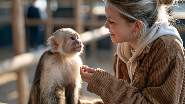 International monkey day december a young zookeeper feeding a curious capuchin monkey enrichment treat zoo animal care wildlife education december zoo occupation keeper bond