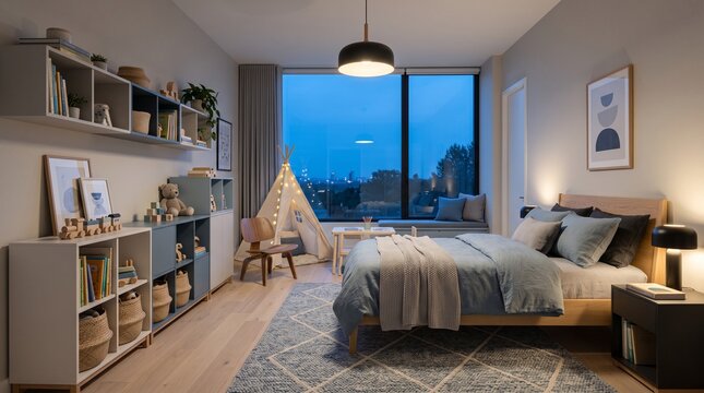 Bedroom interior designed for children with a cozy bed, playful teepee tent, built-in shelving units filled with toys and books, and large glass windows.