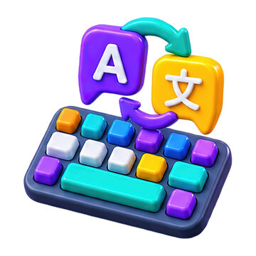 3D icon of a colorful keyboard with speech bubbles representing language translation services