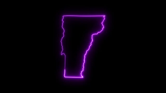Vermont state map outline with glowing neon purple light effect on black background