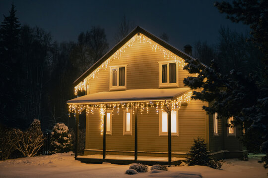 Snowy country house surrounded by trees and illuminated with warm Christmas lights at night, creating a peaceful cozy holiday atmosphere. Russian dacha in Moscow region.