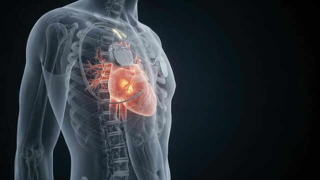 Medical 3D animation showing a human heart with dual implanted pacemakers inside a semi-transparent male torso.