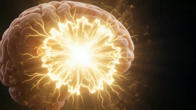 Close up medical footage of a human brain with a glowing red internal structure against a dark background.