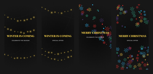 Graphic templates display festive winter greetings and holiday designs on dark backgrounds. © Love is Life (LIL)