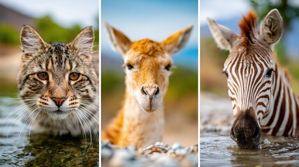 Obraz premium A captivating view showcasing three unique animals, a wildcat, a gazelle, and a zebra, highlighting the beauty and diversity of wildlife in their natural habitats.