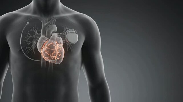 Medical animation of a human heart with an implanted pacemaker device in a male torso.