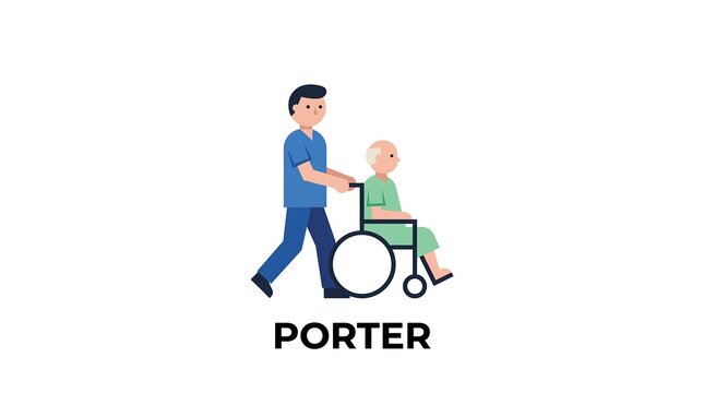 Hospital porter pushing elderly patient in wheelchair professional medical vector illustration