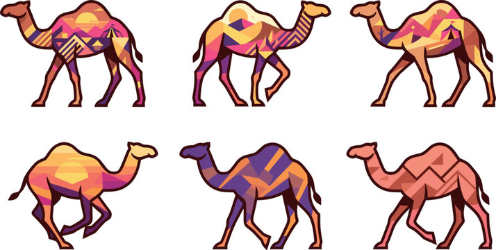 Geometric Camel Vector Silhouette Set with Desert Landscape Elements and Abstract Colorful Low Poly Patterns for Creative Travel and Safari Designs