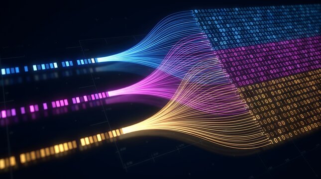 Abstract visualization of data flow and binary code with glowing fiber optic streams in blue pink and orange against a dark background