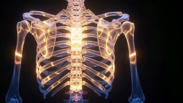 3D medical visualization of a glowing blue human skeleton torso and spine for scientific research footage.