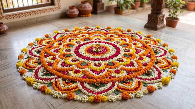 Traditional flower rangoli on marble floor, vibrant floral mandala for Diwali celebration, orange and yellow marigold petal art with oil lamp
