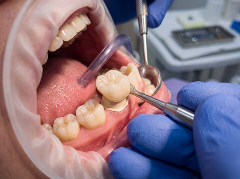 Dental Crown Cementation Procedure Close Up. professional dental procedure photograph showing the precise cementation of a permanent ceramic dental crown onto a prepared molar tooth
