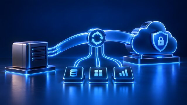Glowing digital pipeline transferring secure server data to cloud storage through synchronized network analytics nodes.