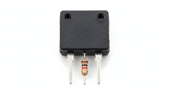 Black rectangular electronic component with two metal prongs and resistor.