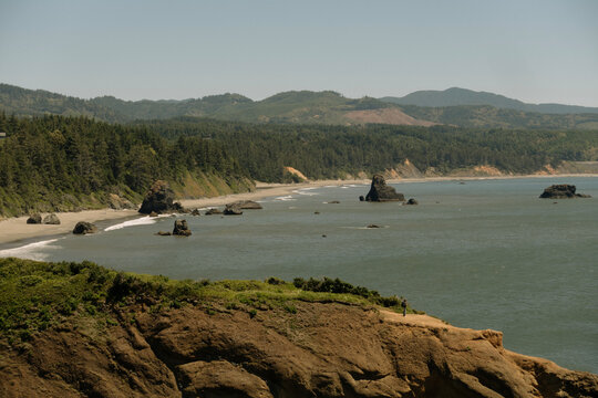 Scenic Oregon coast landscape with wild pacific ocean shoreline and coniferous forest