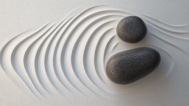 Minimalist zen garden with dark smooth stones on white sand with wave patterns