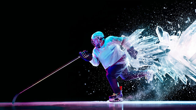 Hockey player skates through exploding ice crystals in dark studio with fierce competitive intensity. Winter sports, hockey advertising and athletic power concept.